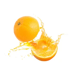 Tuinposter Fresh slice half of ripe orange fruit with orange juice splash water isolated on white background © Kaikoro