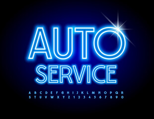 Fototapeta na wymiar Vector industry Banner Auto Service. Blue Neon Font. Glowing Alphabet Letters and Numbers set