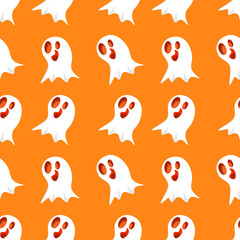 Halloween ghost background seamless pattern in orange color, to be used as a greeting card or wallpaper,fabric,textile,wrapping, vector illustration..