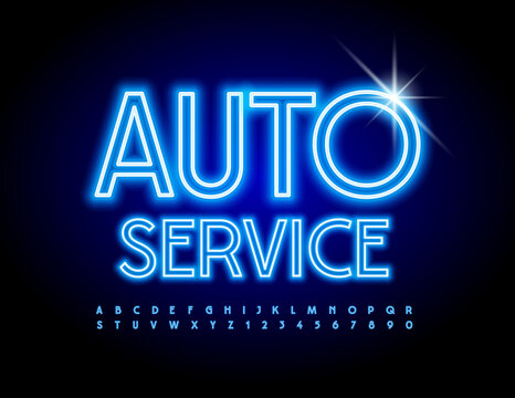 Vector industry Banner Auto Service. Blue Neon Font. Glowing Alphabet Letters and Numbers set
