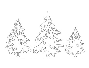 Christmas trees in a contoured style. Linear art. Vector on an isolated white background. Hand-drawn illustrations in one line for natural, festive decor, background, cover, postcards.