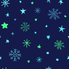 Snowflakes and stars on dark blue background. Seamless pattern for gift wrapping, Christmas Wallpaper. Snowfall in manual drawing.