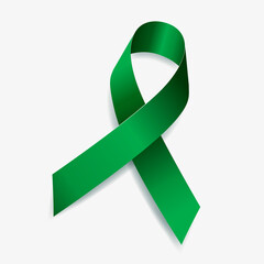 Emerald green ribbon awareness Liver cancer, Liver disease, Mental health. Isolated on white background. Vector illustration.