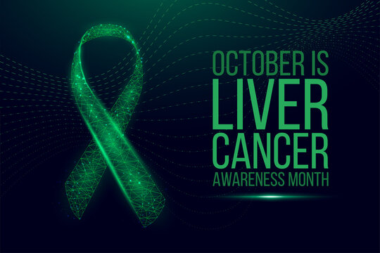 Liver Cancer Awareness Month concept. Banner with emerald green ribbon awareness and text. Vector illustration.