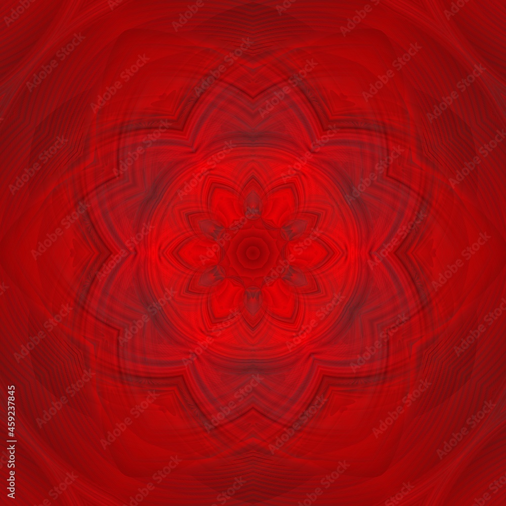 Poster hexagonal kaleidoscopic repeating design in vivid red to black coloured gradient in unique glowing s