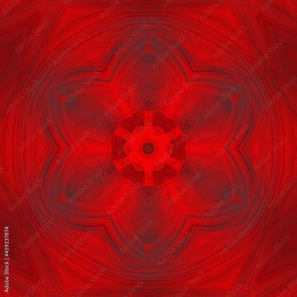 Poster hexagonal kaleidoscopic repeating design in vivid red to black coloured gradient in unique glowing s