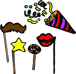 Vector hand drawn colored doodles birthday elements, celebration objects, clip art, birthday decorations, lolly pop, moustache, lips and star on stick, confetti cap