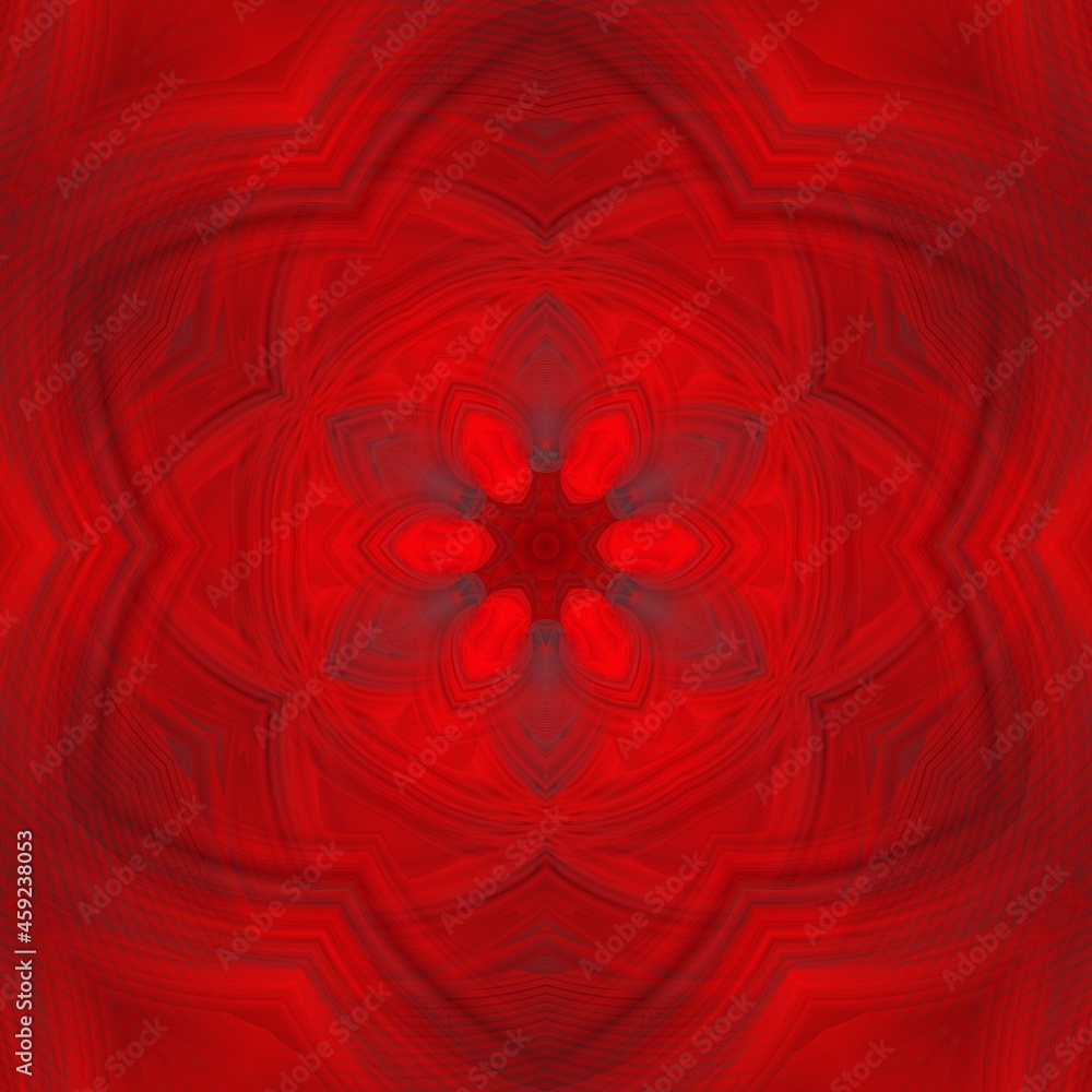 Poster hexagonal kaleidoscopic repeating design in vivid red to black coloured gradient in unique glowing s