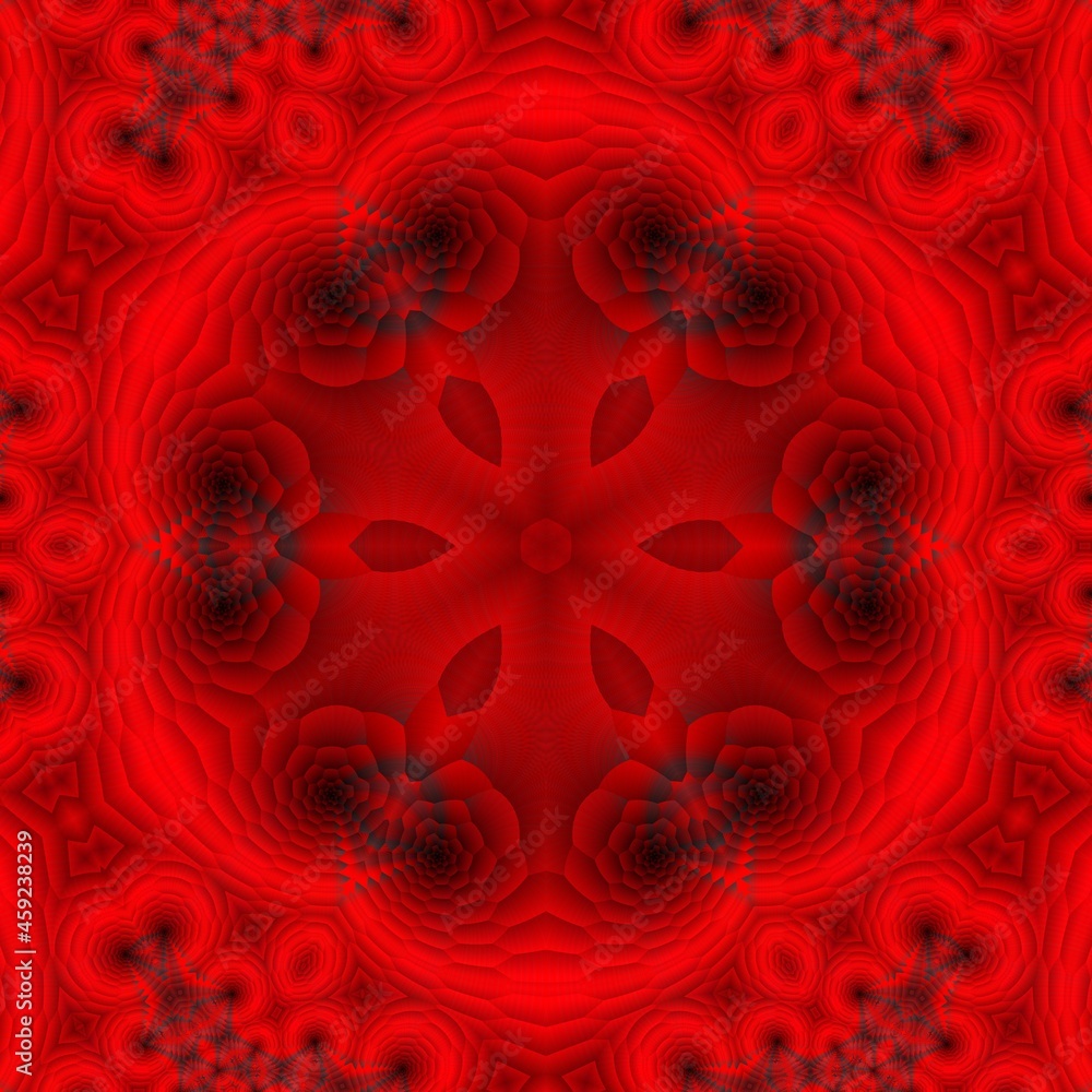 Poster hexagonal kaleidoscopic repeating design in vivid red to black coloured gradient in unique glowing s