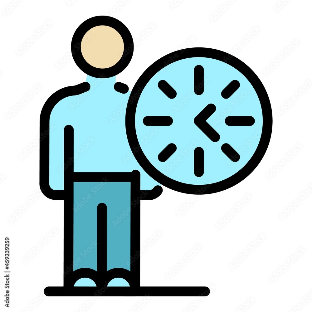 Poster man and round clock icon. outline man and round clock vector icon color flat isolated