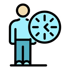 Man and round clock icon. Outline man and round clock vector icon color flat isolated
