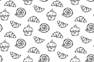 Vector rectangular pattern with croissants, cupcake, bun in doodle style. A pattern with pastries for cafes, menus, packaging, postcards.