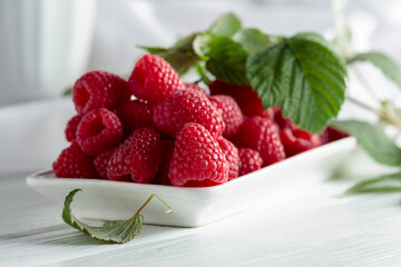Fresh juicy raspberries with leaves.
