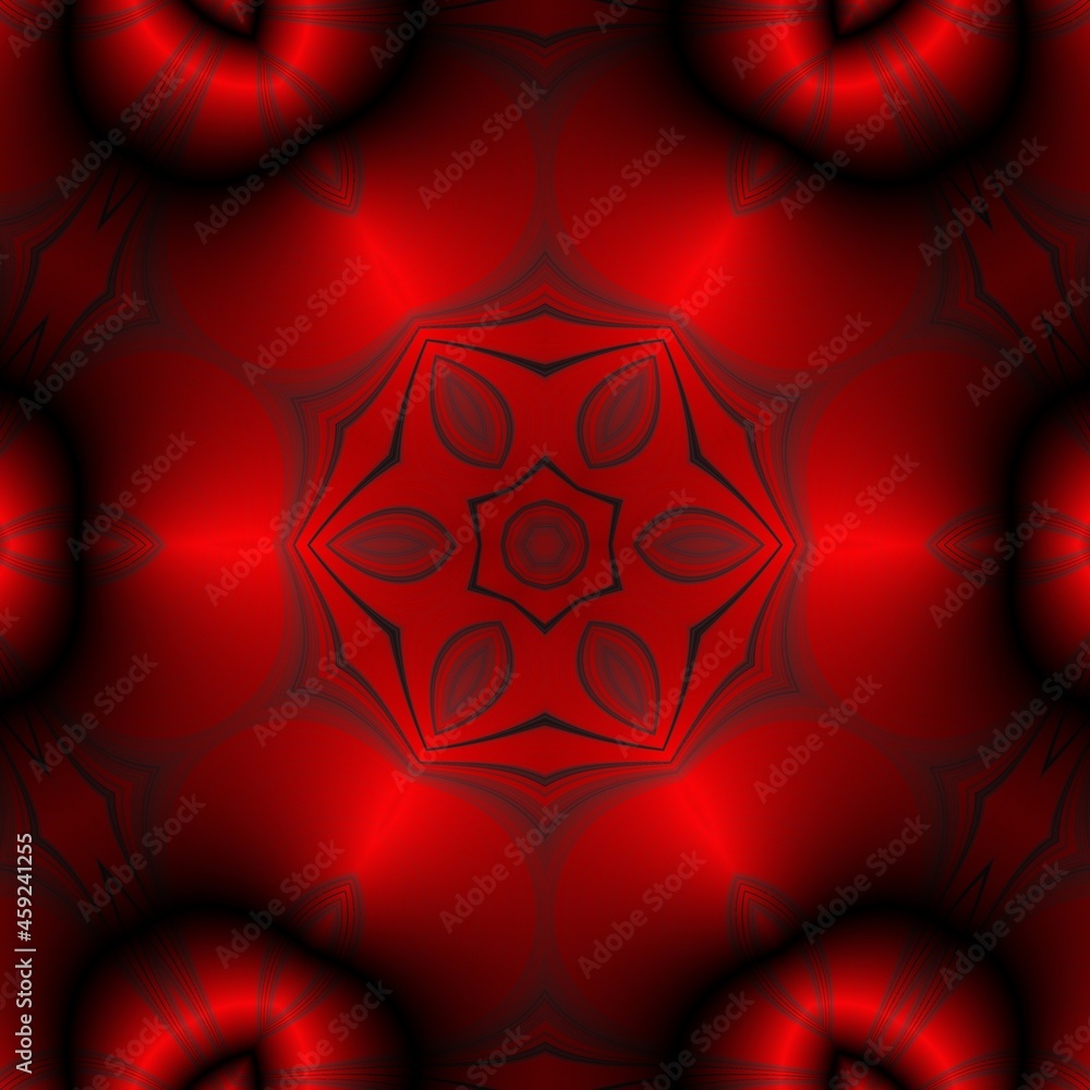Poster hexagonal kaleidoscopic repeating design in vivid red to black coloured gradient in unique glowing s