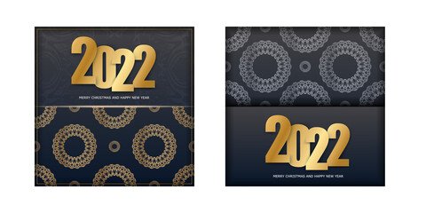 2022 Merry christmas flyer template in black with vintage gold ornament