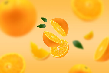 Orange falling.Creative levitation food with vertical Horizontal