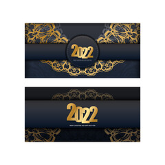 Fototapeta na wymiar Black Color Happy New Year 2022 Flyer Template with Vintage Gold Ornament