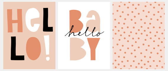 Cute Nursery Vector Art with Handwritten Hello and Hello Baby  ideal for Card, Wall Art, Poster, Baby Shower Decoration. Funny Abstract Seamless Pattern with Irregular Dots on a Blush Pink Background. - 459242287