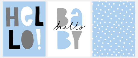 Cute Nursery Vector Art with Handwritten Hello and Hello Baby  ideal for Card, Wall Art, Poster, Baby Shower Decoration. Funny Abstract Seamless Pattern with Irregular Dots on a Light Blue Background. © Magdalena