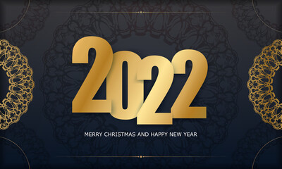 Template Greeting card 2022 Merry christmas black color with winter gold pattern