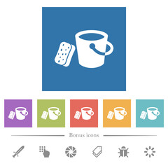 Bucket and sponge flat white icons in square backgrounds