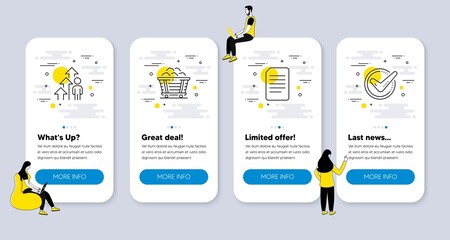 Vector Set of Education icons related to Document, Coal trolley and Employee result icons. UI phone app screens with people. Confirmed line symbols. Vector