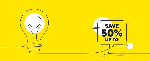 Save up to 50 percent. Continuous line idea chat bubble banner. Discount Sale offer price sign. Special offer symbol. Discount chat message lightbulb. Idea light bulb yellow background. Vector