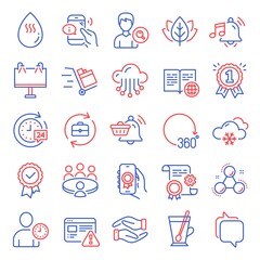 Business icons set. Included icon as Alarm sound, Time management, Road banner signs. Organic tested, Search people, Helping hand symbols. Cloud storage, Push cart, Reward. Meeting. Vector