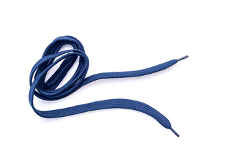 Dark-blue, blue shoelaces isolated on white, crumpled laces, top view - obrazy, fototapety, plakaty