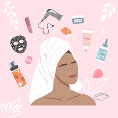 Cosmetics and care products for women. Vector illustration beautiful girl stands with a towel on her head after a bath