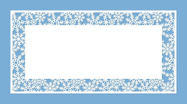 Winter Christmas banner. Rectangular shape, lace border of snowflakes. Copy space for text. Template for plotter laser cutting of paper, cnc. White object on a blue background. New Year vector image.