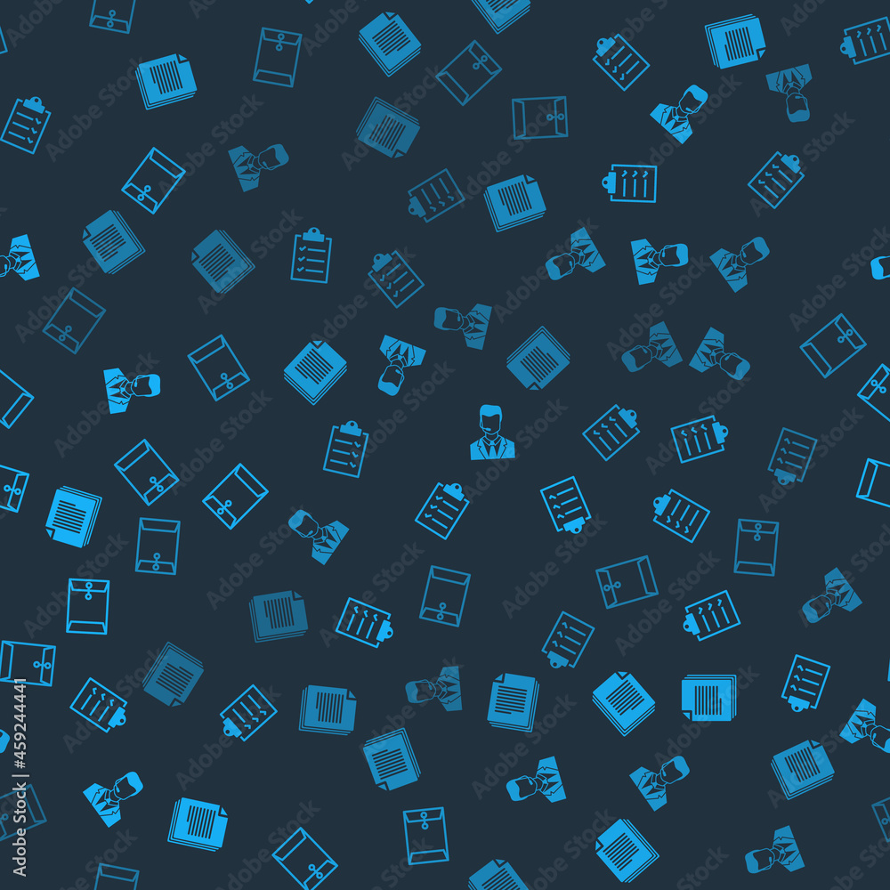 Aufkleber set document, clipboard with checklist, man headset and envelope on seamless pattern. vector