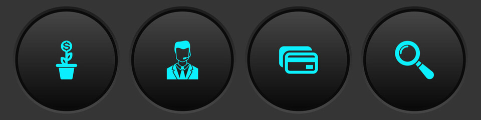 Set Dollar plant in the pot, Man with headset, Credit card and Magnifying glass icon. Vector