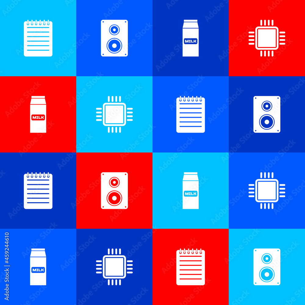 Poster set notebook, stereo speaker, paper package for milk and processor with cpu icon. vector