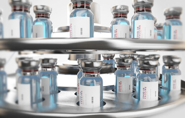 Coronavirus Covid-19 vaccine. Vaccination bottles. Production or logistics or science 3d-illustration