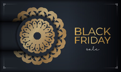 Dark blue black friday sale holiday poster template with vintage gold ornament