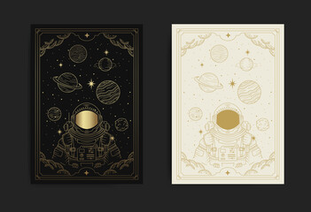 Astronaut spaceman flying at space full of planet and stars in engraving, hand drawn, line art, luxury, celestial, esoteric, boho style © ekosuwandono