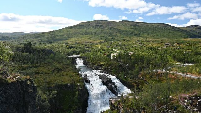 Panoramic view of the V&oslash;ringsfossen waterfall in Norway.