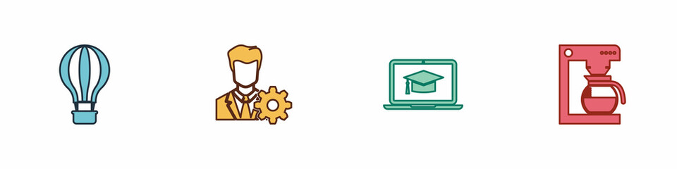 Set Hot air balloon, Profile settings, Graduation cap laptop and Coffee machine with pot icon. Vector