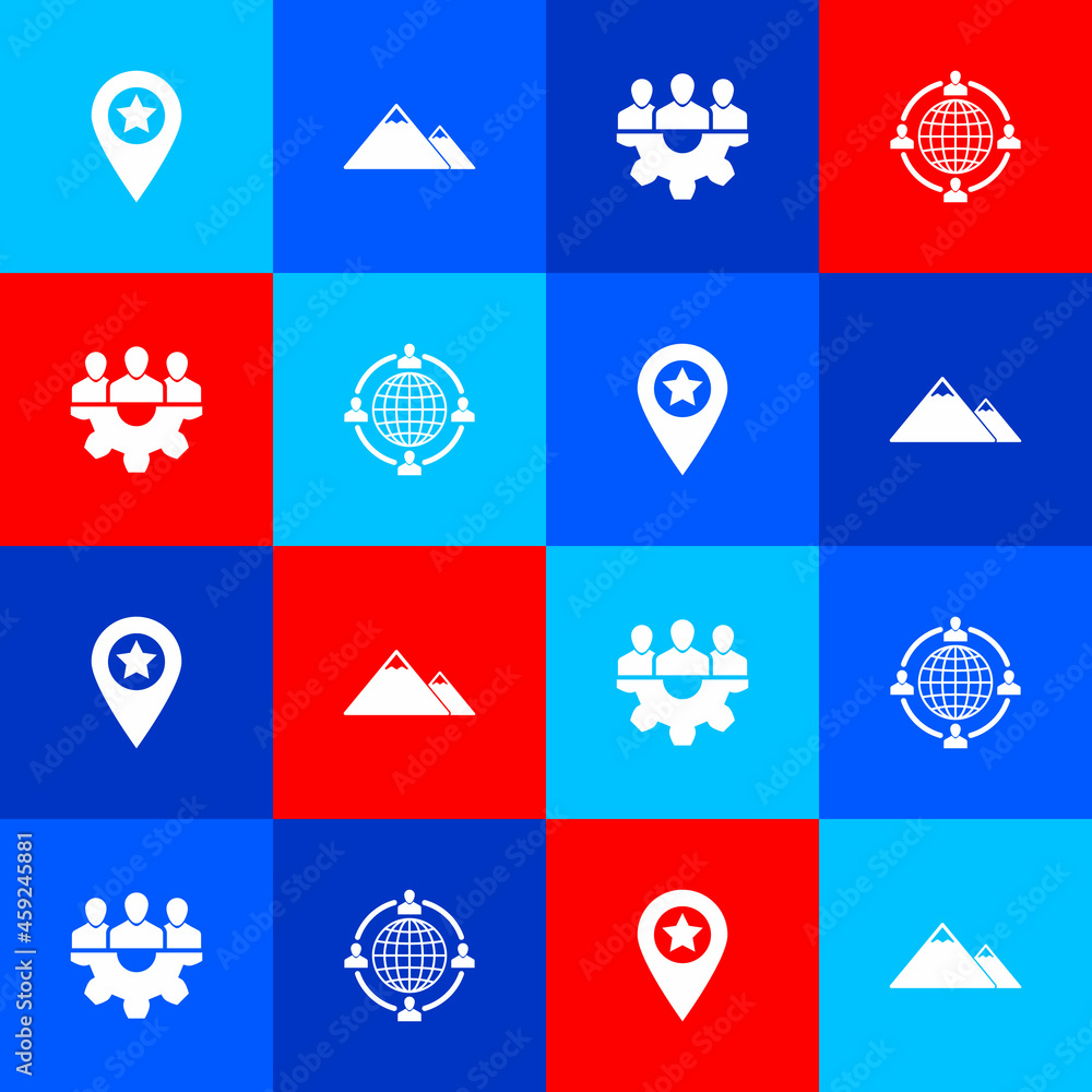 Sticker Set Location with star, Mountains, Project team base and Outsourcing concept icon. Vector