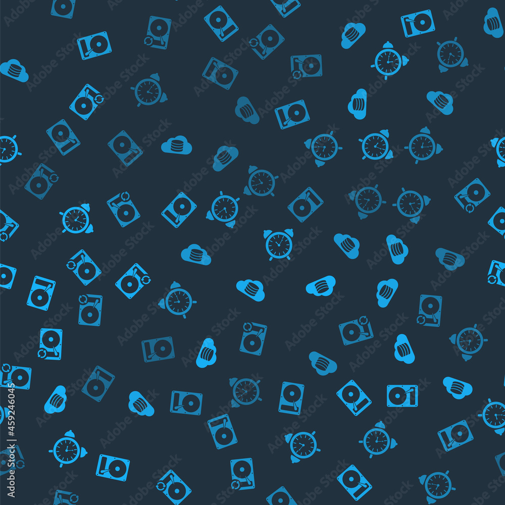 Poster set hard disk drive hdd, cloud database, alarm clock and sync refresh on seamless pattern. vector
