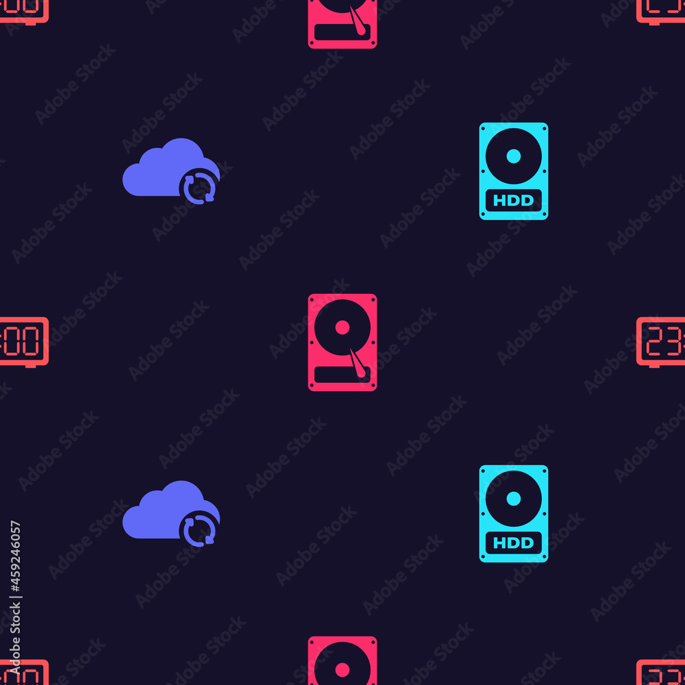Poster set hard disk drive hdd, cloud sync refresh, and digital alarm clock on seamless pattern. vector