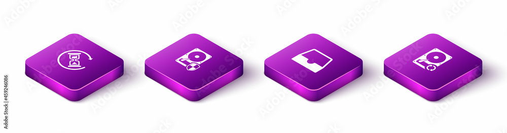 Poster set isometric waiting, hard disk drive hdd protection, social media inbox and sync refresh icon. vec