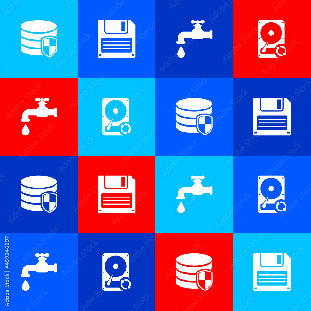 Poster set database protection, floppy disk, water tap and hard drive hdd sync refresh icon. vector