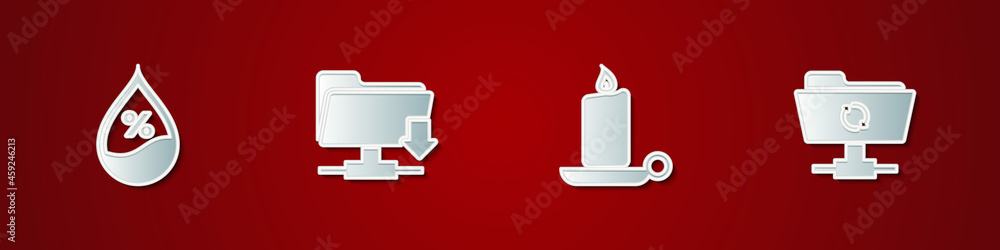 Poster Set Water drop percentage, FTP folder download, Burning candle in candlestick and sync refresh icon. Vector