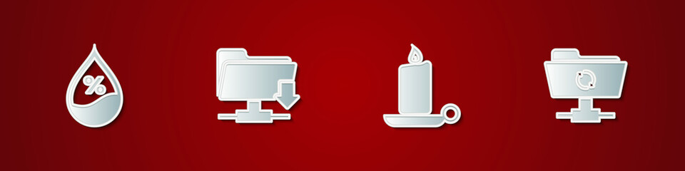 Set Water drop percentage, FTP folder download, Burning candle in candlestick and sync refresh icon. Vector
