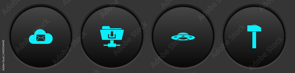 Poster set cloud mail server, ftp folder download, ufo flying spaceship and hammer icon. vector