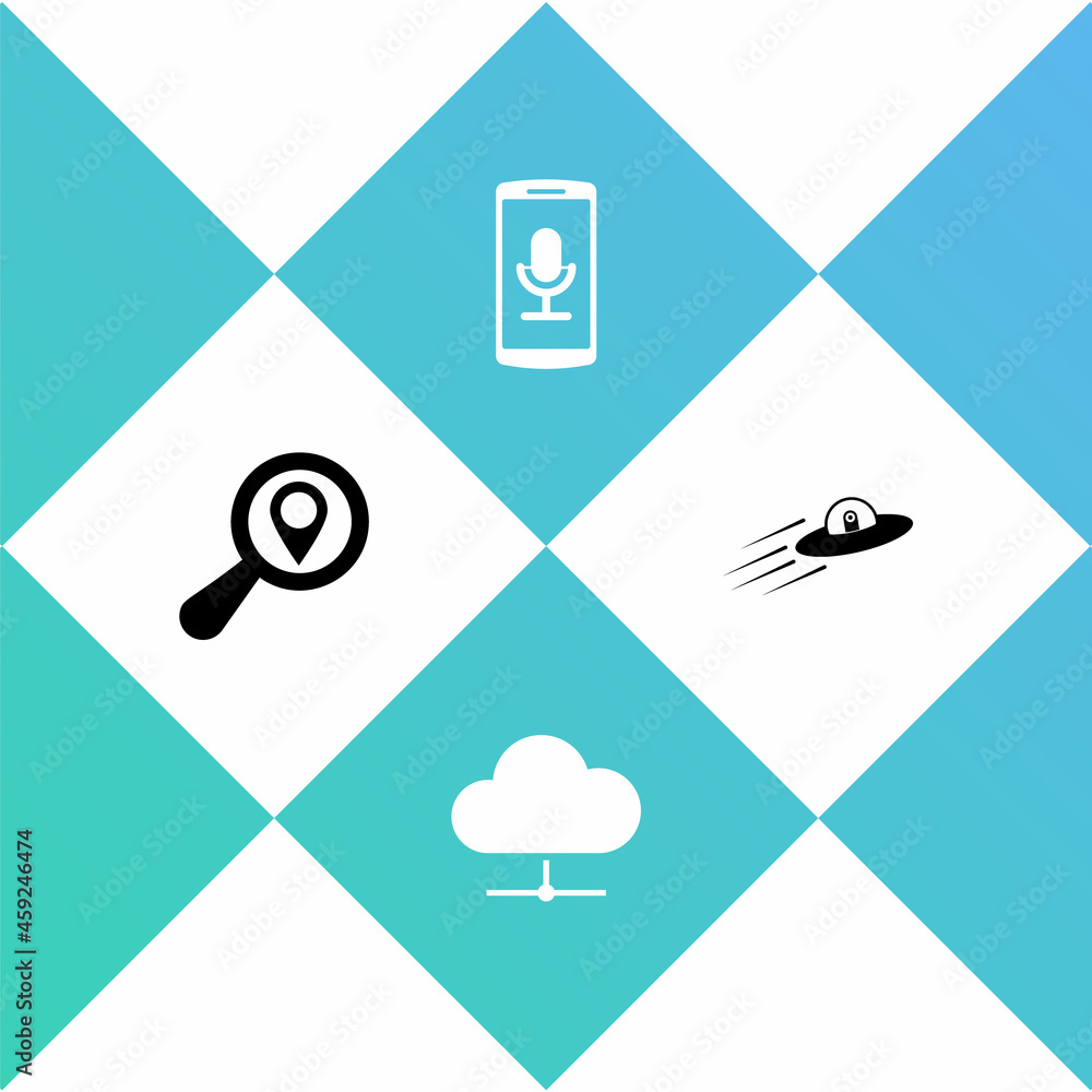 Poster set search location, network cloud connection, mobile recording and ufo flying spaceship and alien i