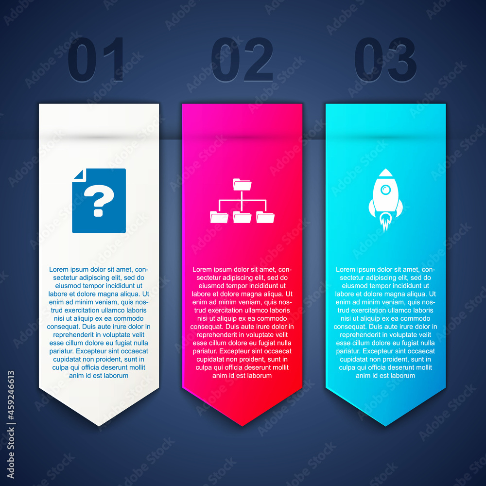 Poster set unknown document, folder tree and rocket ship with fire. business infographic template. vector