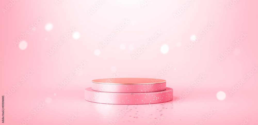 Poster pink product stage podium background and beauty bokeh light pedestal platform template mockup design